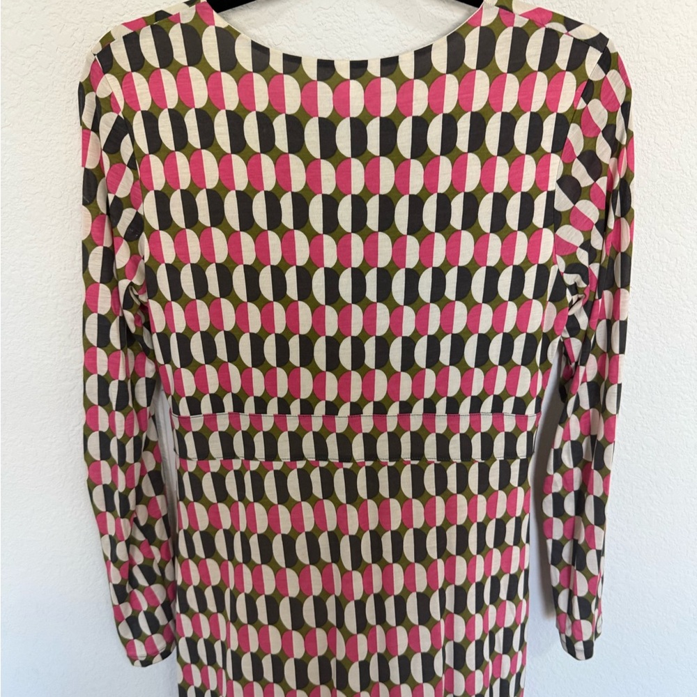 BODEN Geometric Print Long Sleeve Ruched Sheath Dress Size 8 Pink Green White - Picture 9 of 11